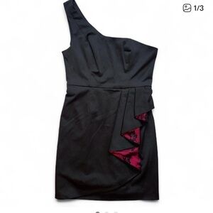 Guess One-Shoulder Dress in Black with Red Accents